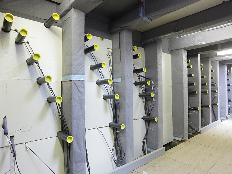 inside of the mini rhizotron facility with tubes installed perpendicular trench wall