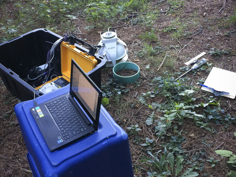 Laptop and equipment for soil respiration measurements.