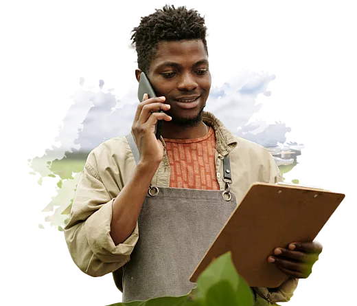 Man on phone holding a clipboard